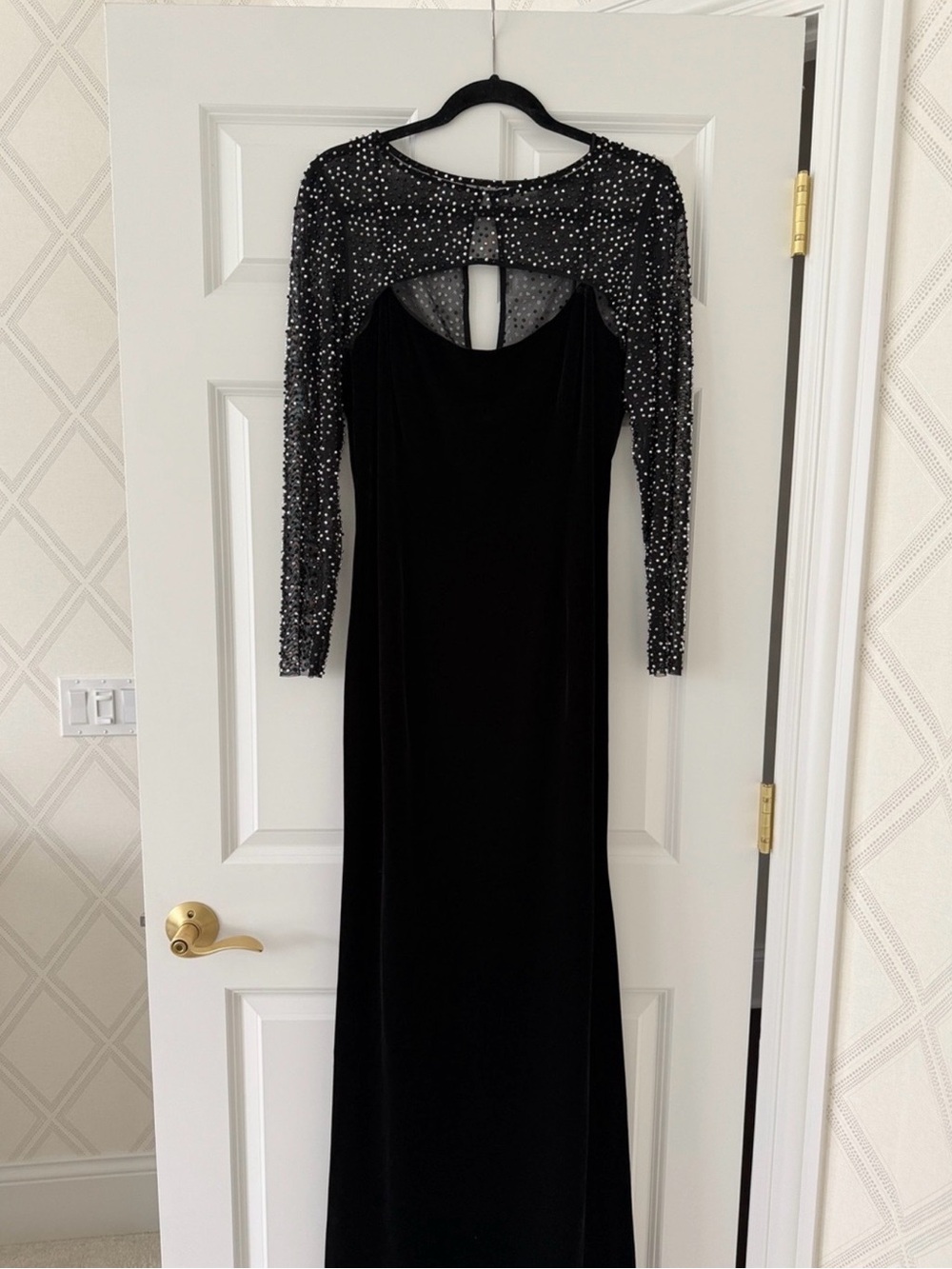 Betsy & Adam Black Beaded Long Sleeve Velvet Gown